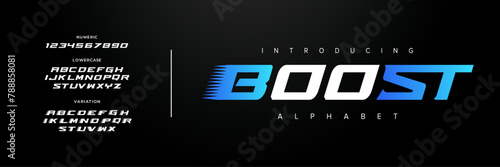 Boost creative simple modern urban alphabet font. Digital abstract futuristic, fashion, sport, minimal technology typography. Simple numeric vector illustration