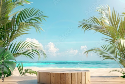 Summer product display on wooden podium at sea tropical beach - generative ai