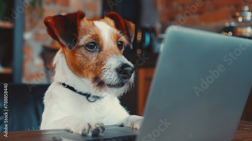 over shoulder shot of a humanoid dog working on a laptop © Sattawat