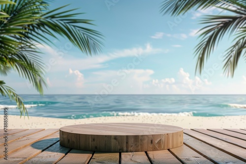 Summer product display on wooden podium at sea tropical beach - generative ai