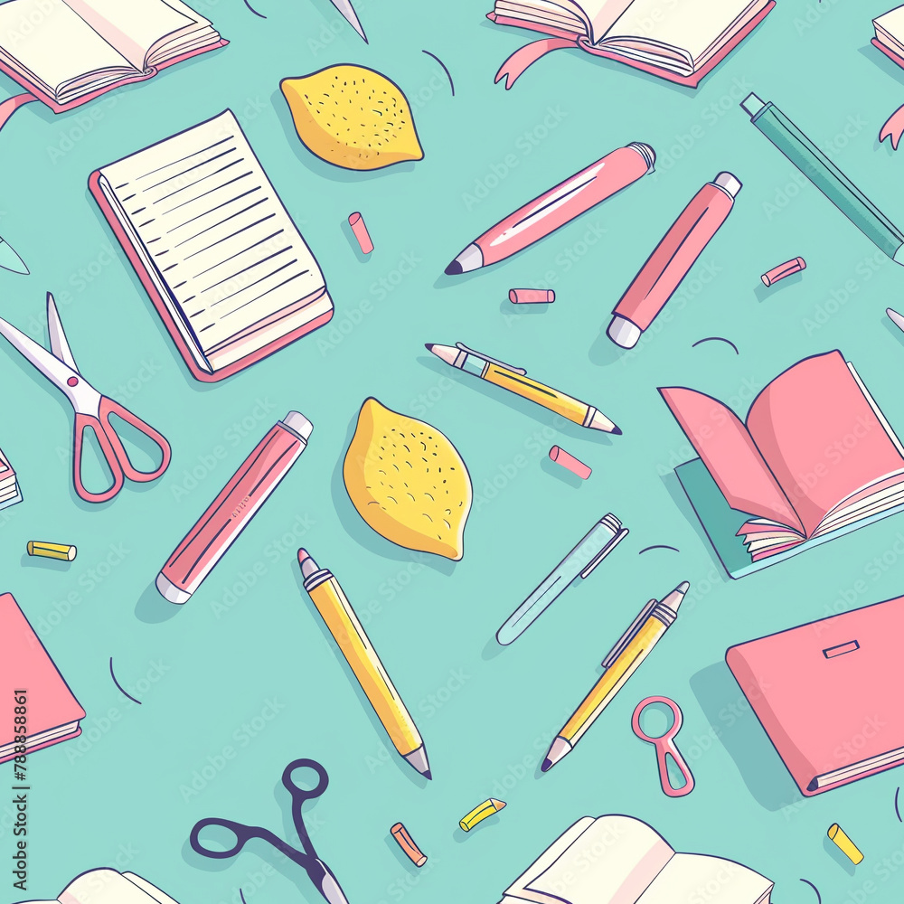 Vector style cute education pattern, seamless design with book pencil, pen, eraser, and scissors on a pastel background Vector style cute education pattern, seamless design with book pencil, pen, eraser, and scissors on a pastel background