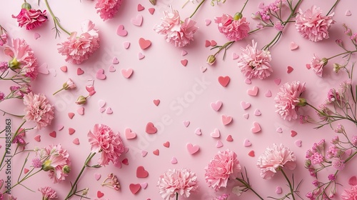 Capture the essence of Valentine s Day with a charming frame crafted from delicate pink flowers and adorned with hearts set against a soft pastel pink backdrop This imagery embodies the hea