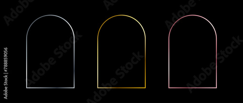Silver, golden and rose gold thin arc frames. Art deco shiny arch borders set. Thin line glowing grey, yellow and pink curved boarder element collection. Vector bundle for Christmas, birthday decor