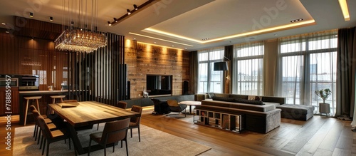 Contemporary apartment featuring decorative wall elements.