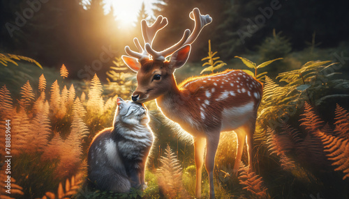 Domestic cat and wild deer nuzzle in a sunlit meadow, a moment emphasizing the theme of unlikely friendships.