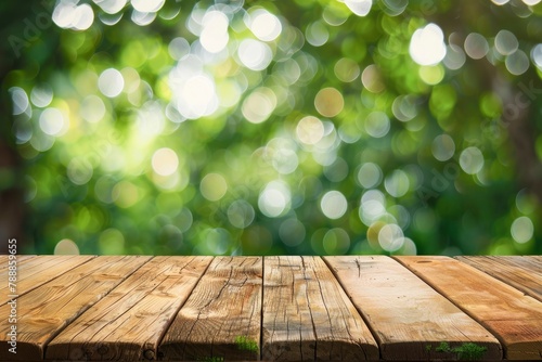 Wood table top on blurred green background - can be used for montage or display your products - generative ai