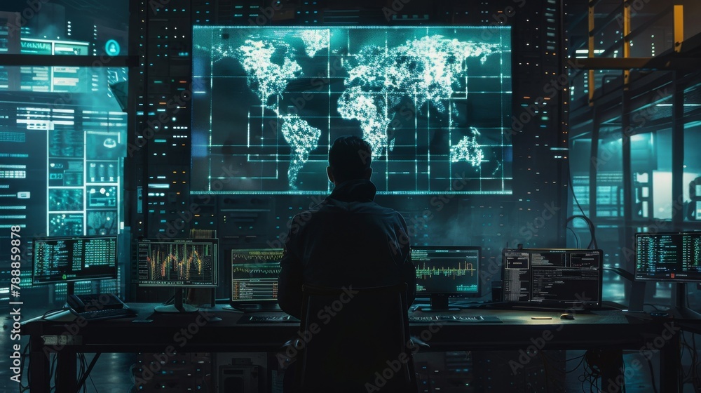 A cybersecurity expert monitoring threats on a large digital map, in a dark, minimal command center, styled as neo-noir. A cybersecurity expert monitoring threats on a large digital map, in a dark, minimal command center, styled as neo-noir.