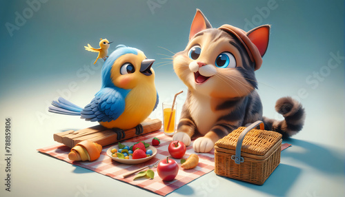 Mischievous bird and curious cat picnic together, emphasizing bond between foes turned friends.