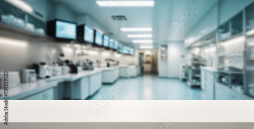 Empty counter in a clean, white laboratory setting; suitable for health or scientific product presentations.