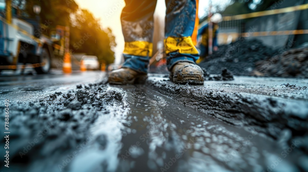A construction worker is smoothing out freshly poured concrete on an outdoor pavement A construction worker is smoothing out freshly poured concrete on an outdoor pavement