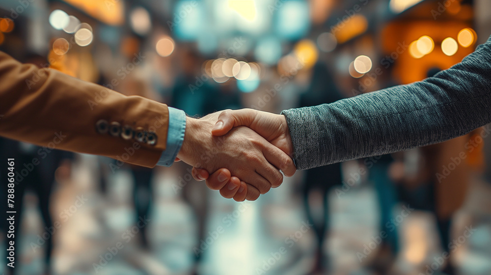 Close-up of a pair of entrepreneurs shaking hands over a deal, startup logos and digital interfaces swirling around them.