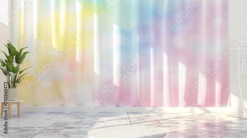 Blank mockup of a watercolorinspired shower curtain with a dreamy pastel rainbow design. . photo