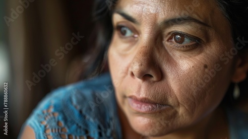 Closeup of a mothers pained expression her face etched with worry and sorrow as she shares the struggles of raising a child with disabilities in a society that shuns and discriminates . photo