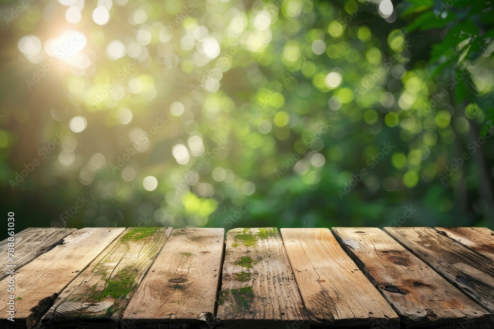Wood table top on blurred green background - can be used for montage or display your products - generative ai Wood table top on blurred green background - can be used for montage or display your products - generative ai