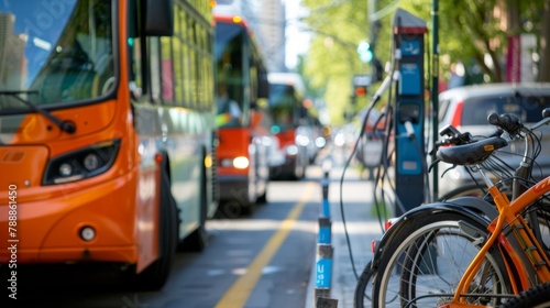 A city street lined with ecofriendly public transportation options including electric buses bike sharing stations and electric car rental services demonstrating a commitment to sustainable . photo