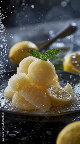 Beautiful presentation of Lemon sorbet  hyperrealistic food photography