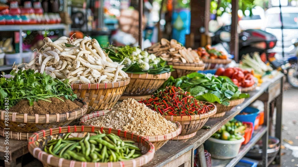 market stall filled with fresh herbs, spices, and exotic ingredients used in Thai cooking, highlighting the vibrant and aromatic elements of Thai cuisine.