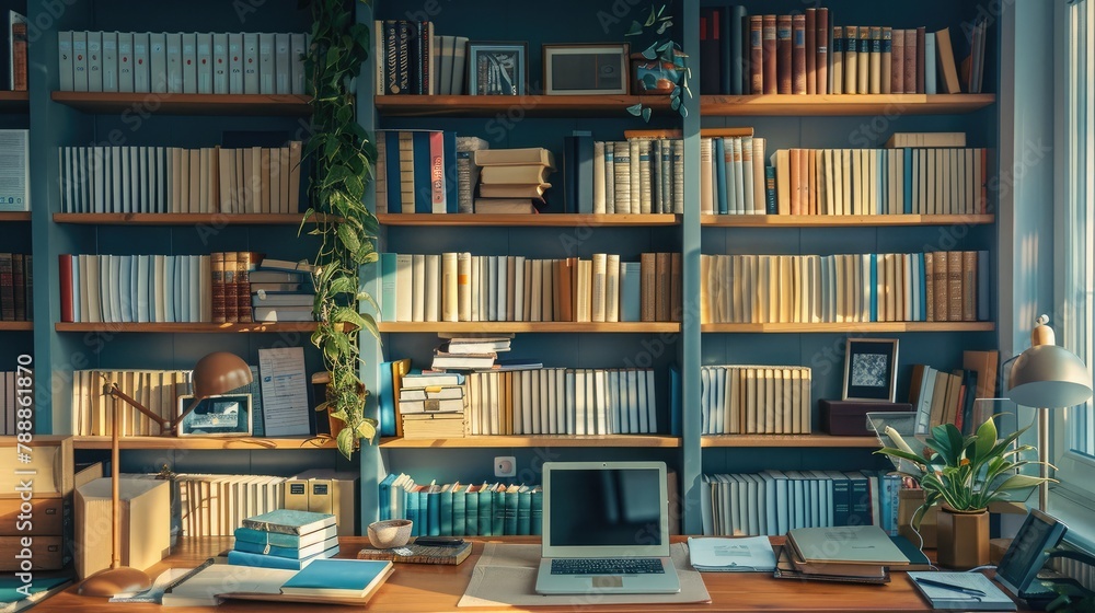 Fototapeta premium home workspace with shelves filled with books and files, reflecting an organized approach to remote work