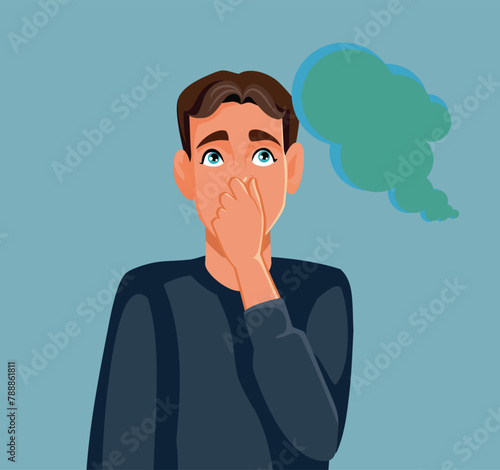 Man Covering His Nose Smelling Something Pungent Vector Cartoon illustration. Guy sensing unpleasant odor due to unhygienic medium

