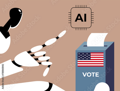 Election Day with AI Chat Bot. Voters vote at the polling station. Artificial intelligence place paper ballots in the ballot box. Flat vector illustration.