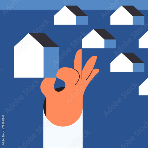 Natural disaster scene of catastrophic flood with flooded buildings. Safe house. Flat vector illustration.