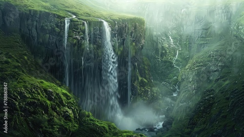 Majestic waterfall cascading down a lush green cliff, surrounded by mist and tranquility