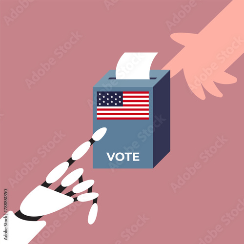 Election Day with AI Robot. Voters vote at the polling station. People place paper ballots in the ballot box. Flat vector illustration.
