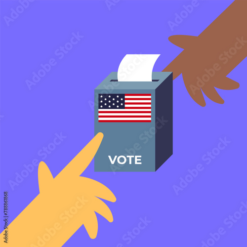 Election Day USA. Voters with different nationalities vote at the polling station. Different occupations voters casting ballots. People place paper ballots in the ballot box. Flat vector illustration.