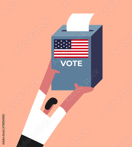 Election Day. Man vote at the polling station. Boy hold ballot box. Flat vector illustration.