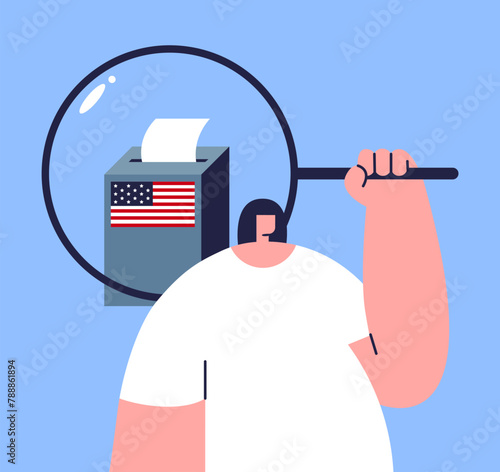Election Day. Girl find place where vote at the polling station. Paper ballots in the ballot box. Flat vector illustration.