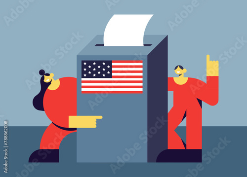 Election Day. Voters vote at the polling station. USA People place paper ballots in the ballot box. Flat vector illustration.