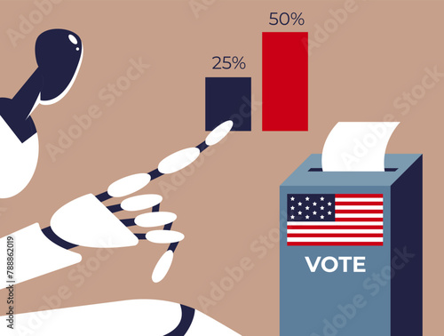 Election Day. AI Robot place paper ballots in the ballot box. Flat vector illustration.