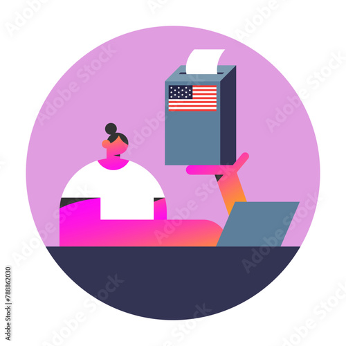 Election Day. Voters vote at the polling station. Girl place paper ballots in the ballot box online. Flat vector illustration.