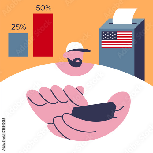Election results App. Voters vote at the polling station. USA People place paper ballots in the ballot box. Observers Boy counting results. Online voting application. Flat vector illustration.