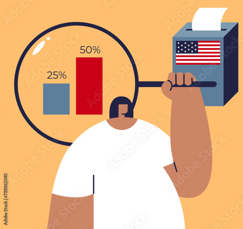 Election results. Girl Searching polling station. USA People place paper ballots in the ballot box. Observers Girl counting results. Flat vector illustration.