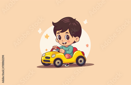 Cute boys playing with cars vector Logo Mascot design