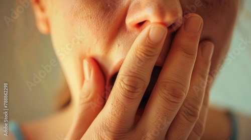 Closeup of a persons hand covering their mouth a clear sign of shock or surprise as they hear soing hurtful or unexpected during a conflict. .
