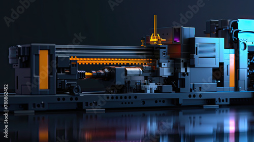 Sleek, hyper-modern design showcasing plastic extrusion injection molding machine on dark mode background