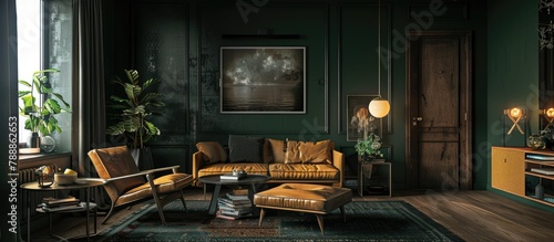 Apartment interior featuring dark green walls, Scandinavian wooden furniture, and stylish black and gold decor.