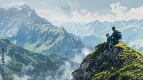A man on a mountain top with a laptop, working remotely, styled as a realistic landscape. © Exnoi