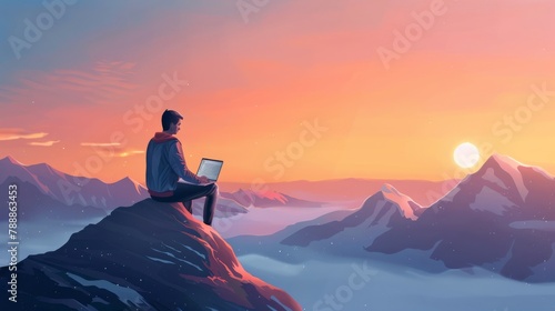 A man on a mountain top with a laptop, working remotely, styled as a realistic landscape.