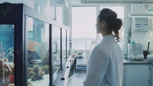 A marine biologist using AI to track sea life, in a clean, ocean-view lab, styled as nautical modern.
