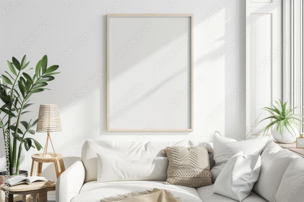 Scandinavian style living room with poster mockup created with generative ai Scandinavian style living room with poster mockup created with generative ai