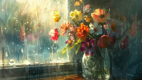 A bouquet of vibrant spring flowers sits in a jar basking in the gentle light filtering through a rain speckled window