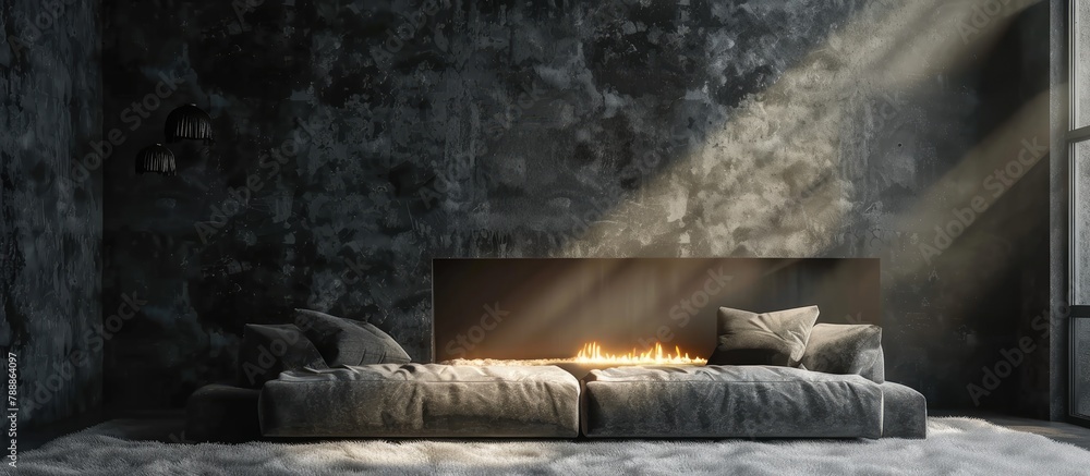 Obraz premium A gray velour sofa is surrounded by bright light coming from an artificial fireplace in a dark room with concrete walls, typical of a loft interior.