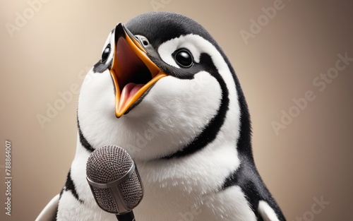 funny penguin sings karaoke into vintage microphone screaming into microphone