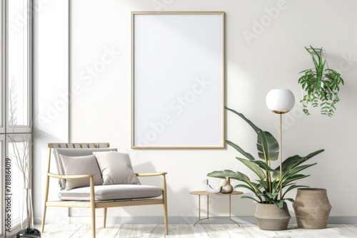 Scandinavian style living room with poster mockup created with generative ai