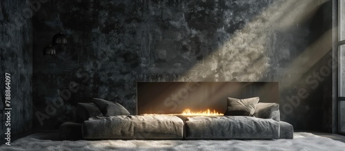 A gray velour sofa is surrounded by bright light coming from an artificial fireplace in a dark room with concrete walls, typical of a loft interior.