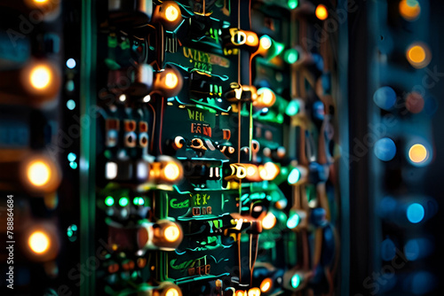 Close up view of circuit board with electric components and neon lights photo