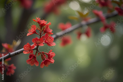 a clump of tiny red colored flowers on an ornamental tree branch